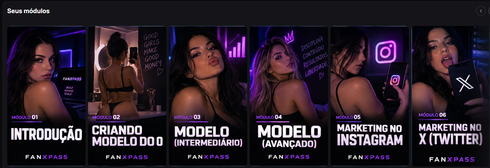 Área de membros da FanXpass Club, com os módulos do curso
